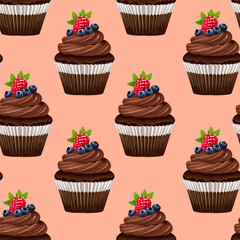 Chocolate cupcakes seamless pattern isolated on pink background Trendy pattern of seashells for wrapping paper, wallpaper, stickers, notebook cover.