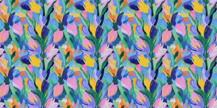 an abstract painting of tulips in a fauvist style, with a dense and vibrant arrangement of flowers