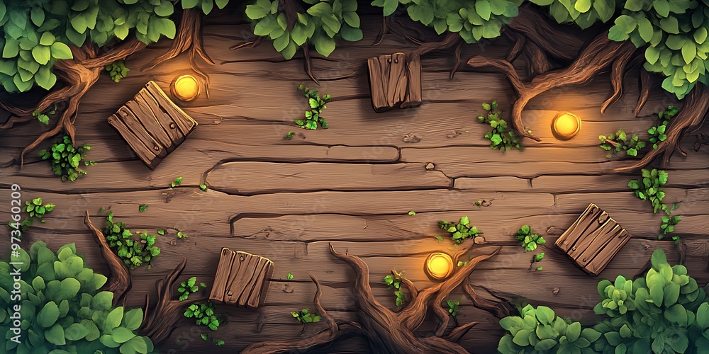 Sticker Overhead View of a Wooden Path in a Lush Forest with Glowing Lanterns