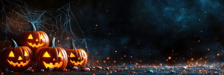 Banner Group of glowing jack-o'-lanterns surrounded by cobwebs and fiery embers in a dark, spooky night scene with free space for text