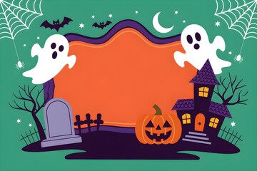 Halloween design with spooky elements on green background, featuring pumpkins