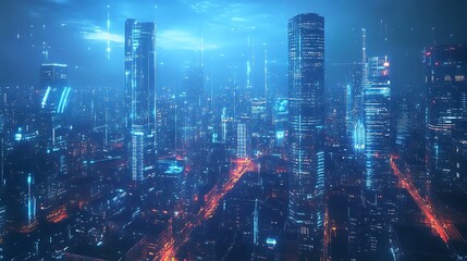 Fototapeta premium Futuristic cityscape with glowing skyscrapers, neon lights, and a dark blue sky