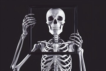 Skeleton holding black frame on dark backdrop creates eerie Halloween feel