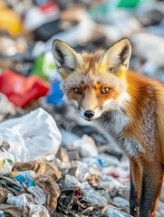Obraz premium Red Fox Standing in a Pile of Trash