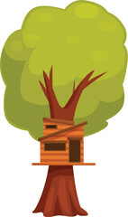 Big green tree with wooden treehouse growing on it, childhood dream come true, playing children concept