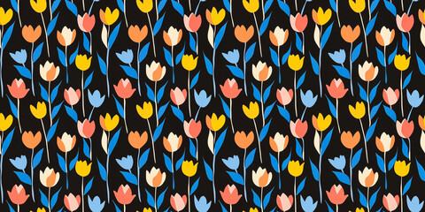 a simple risograph print pattern of an abstract illustration depicting tulips on a black background