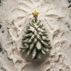 Christmas tree on flour background. White flour looks like snow. Top view