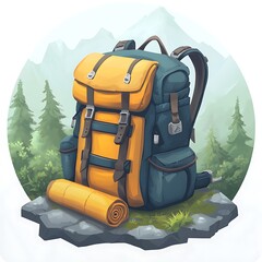 Yellow and blue camping backpack with sleeping mat on rock with mountain background