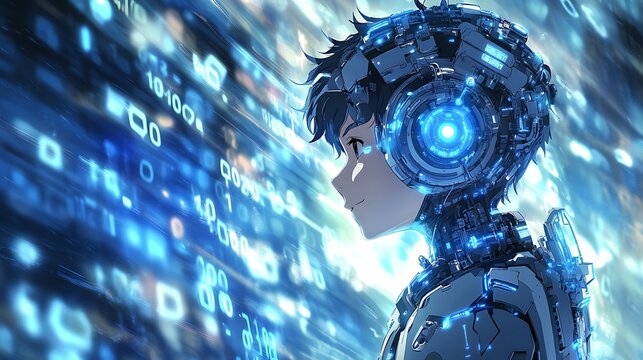 Anime boy with futuristic cyborg suit, blue glowing light, digital binary code background, cyberpunk concept