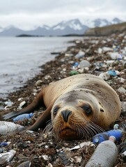 A Sea Lion Rests Amidst Plastic Pollution on a Beach