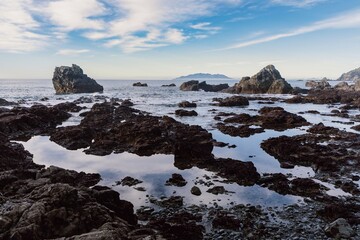 Rockpools and giant rocks on stony shoreline in Tawharanui, Warkworth, Auckland, New Zealand.