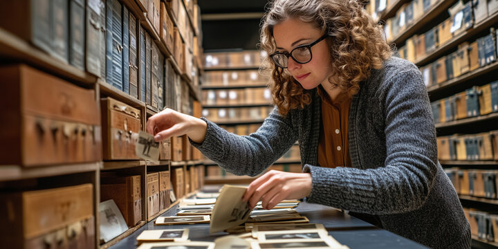 Archivarin katalogisiert historische Fotografien in einem Archivraum