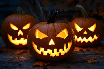 Three carved pumpkins glow eerily in dark Halloween night scene