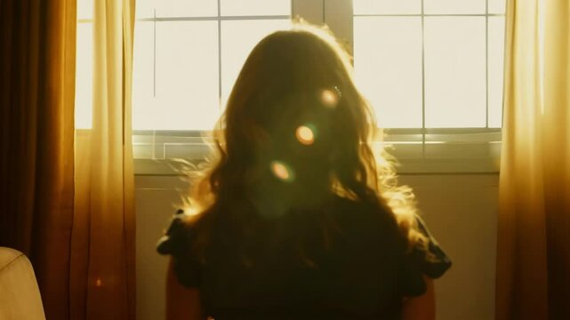 A woman with curly hair stands by a window, bathed in warm sunlight. This scene emphasizes a moment of introspection and serenity amidst a busy lifestyle.