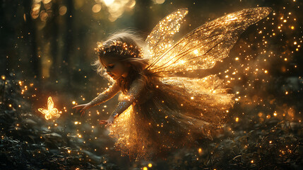 Obraz premium Enchanted Forest Fairy with Glittering Wings and Lights