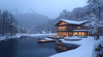 Fototapeta premium Luxury cabin on a frozen lake with snowy mountains in the background, winter wonderland scene