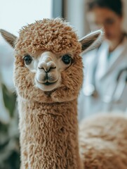 Close-up portrait of a brown alpaca with a person in the background
