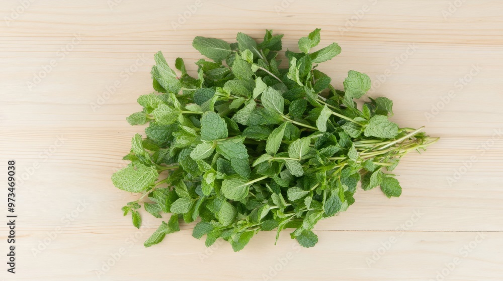 Wall mural a bunch of fresh mint leaves herb on a wooden surface