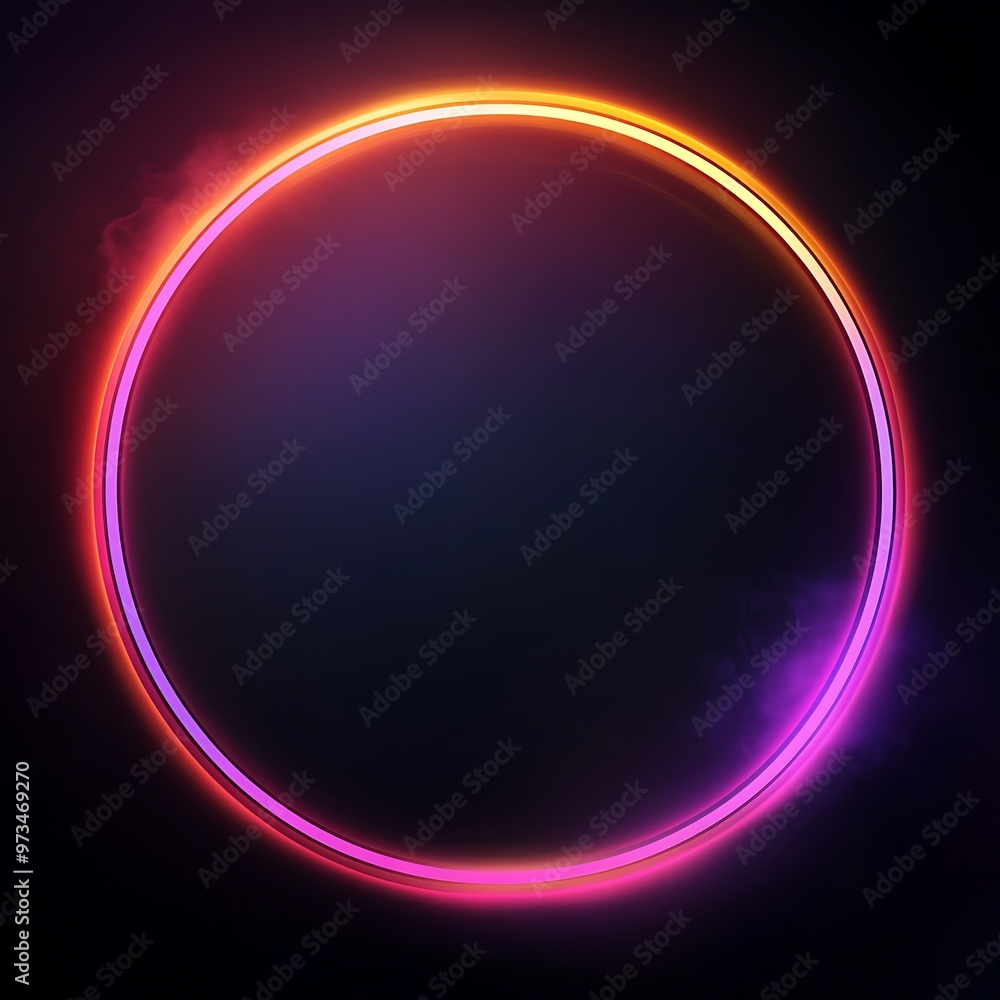 Poster neon circle abstract background with bright glowing lines and empty space for text