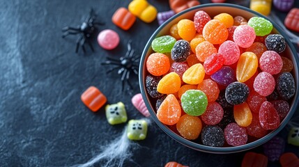 top view of Halloween colorful candies 