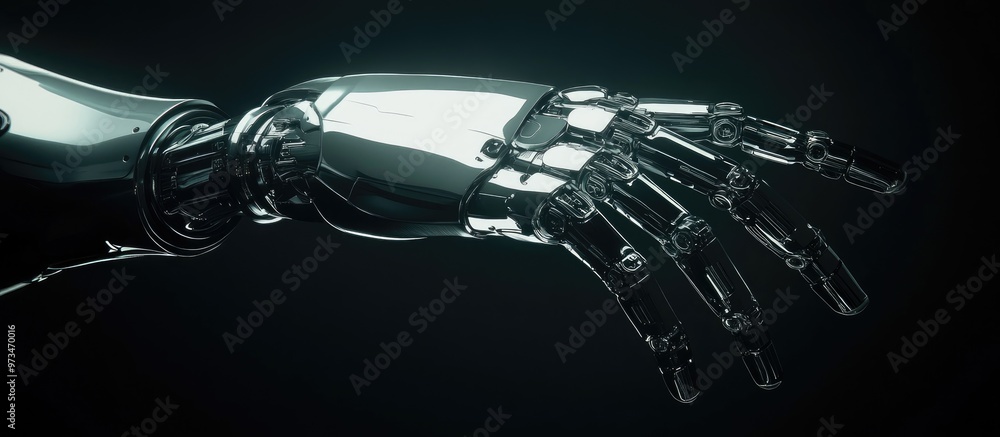 Poster robotic hand interacting on a dark isolated background showcasing an artificial intelligence concept