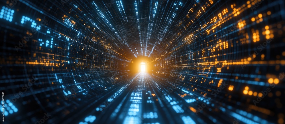 Poster 3d visualization of a binary tunnel featuring light at the exit