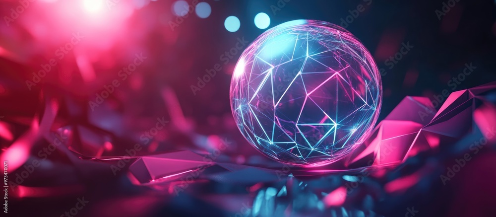 Poster a luminous sphere enclosed by geometric shapes representing a cutting edge and imaginative design 3d