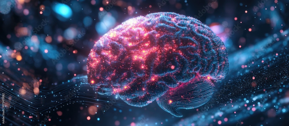 Poster double exposure of a creative human brain microcircuit blended with a computer backdrop representing