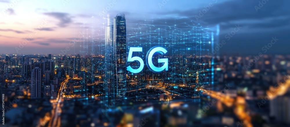 Poster a stunning depiction of 5g wireless network technology featuring holographic elements seamlessly ble