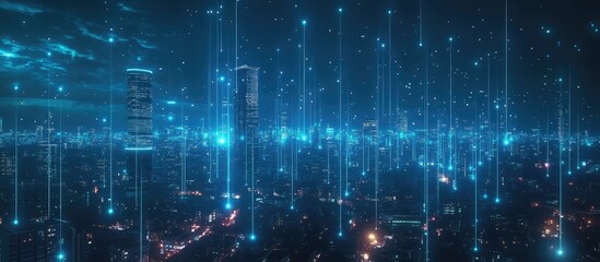 Urban landscape featuring wireless network connectivity and cityscape visuals at night highlighting technology and connectivity concepts
