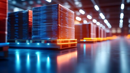 Palletized products on high-tech scales, illuminated by neon lights, holographic data overlay, cyberpunk, 3D rendering, high detail, low-angle shot