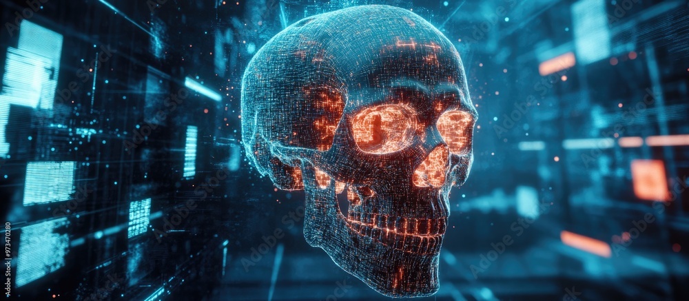 Poster 3D rendering of a cyborg skull enveloped by virtual data elements in a futuristic setting