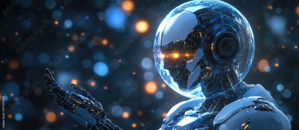 Poster futuristic sci fi sphere featuring a cyborg robot serving as a backdrop for concepts in cyber and cr
