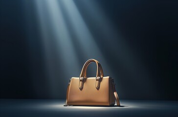 Spotlight illuminating stylish leather handbag on dark background
