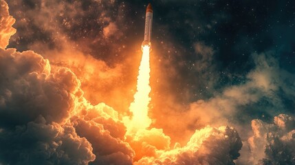 Dynamic launch of a rocket against a dramatic sky showcasing the power of space exploration and technology advancements
