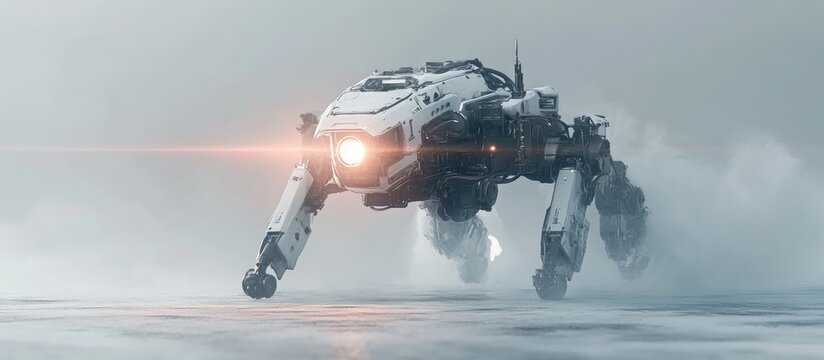 Futuristic war machine advancing against a white backdrop digital artwork