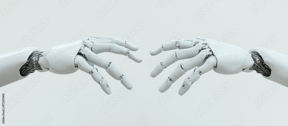 Poster isolated cyborg hands on a white background robotic hands reaching out 3d rendering