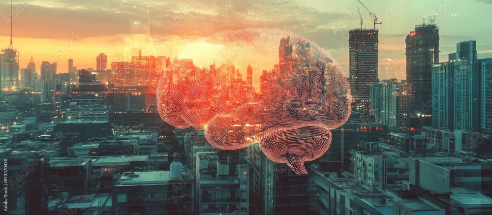 Poster creative artificial intelligence hologram featuring a human brain sketch against an urban cityscape 