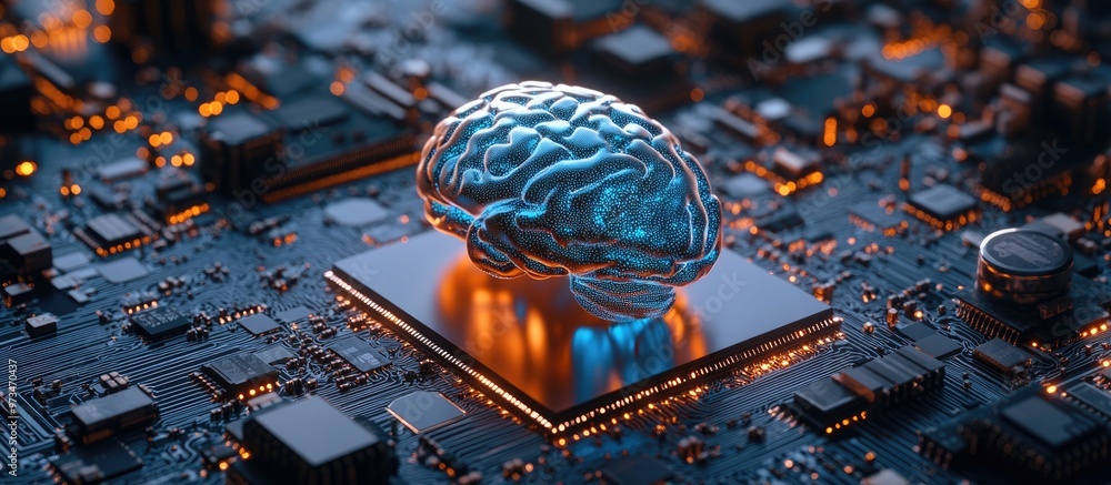 Aufkleber 3d rendering of a glossy blue brain placed on a cpu chip