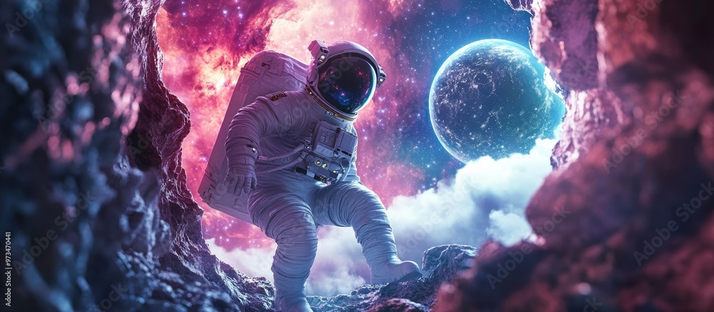 Poster astronaut exploring new galaxies through a fantasy portal revealing a panoramic view of distant univ