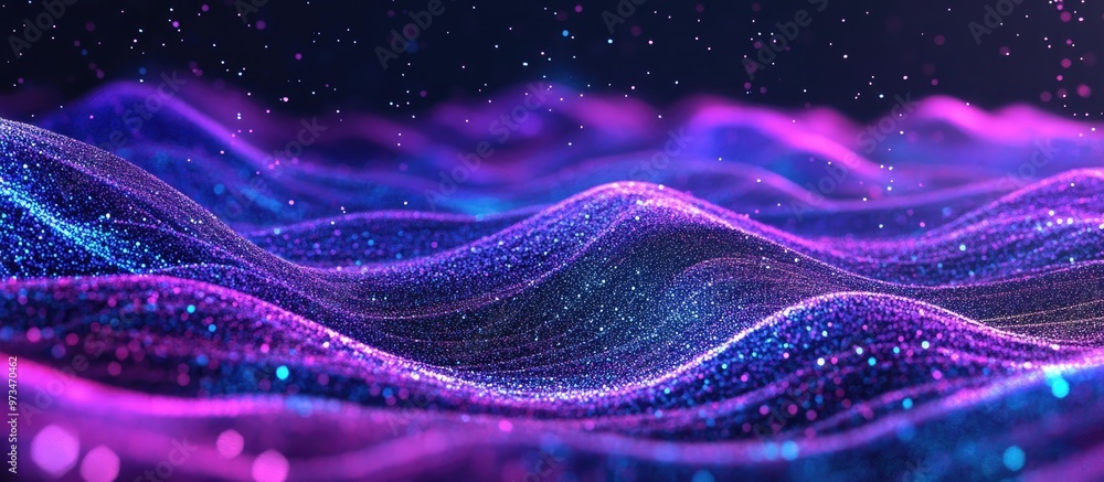 Poster abstract blue and violet wave texture with luminous blurred particles digital landscape background r