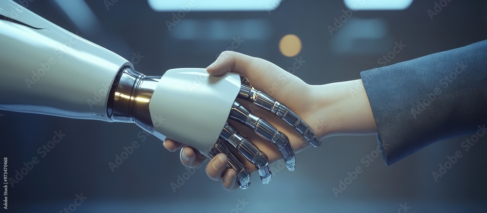 Poster collaboration between humans and robots showcasing a handshake between a person and a machine