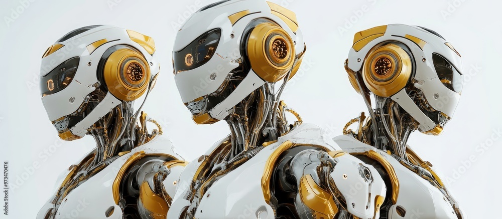 Poster a trio of advanced robots or intricately designed cyborgs isolated against a white background 3d ren