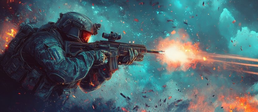 Futuristic soldier targeting an enemy amid a battle scene depicted in a digital art illustration style