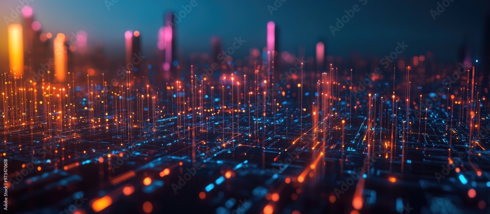 Poster digital city network technology for communication and data in a 3d illustration background