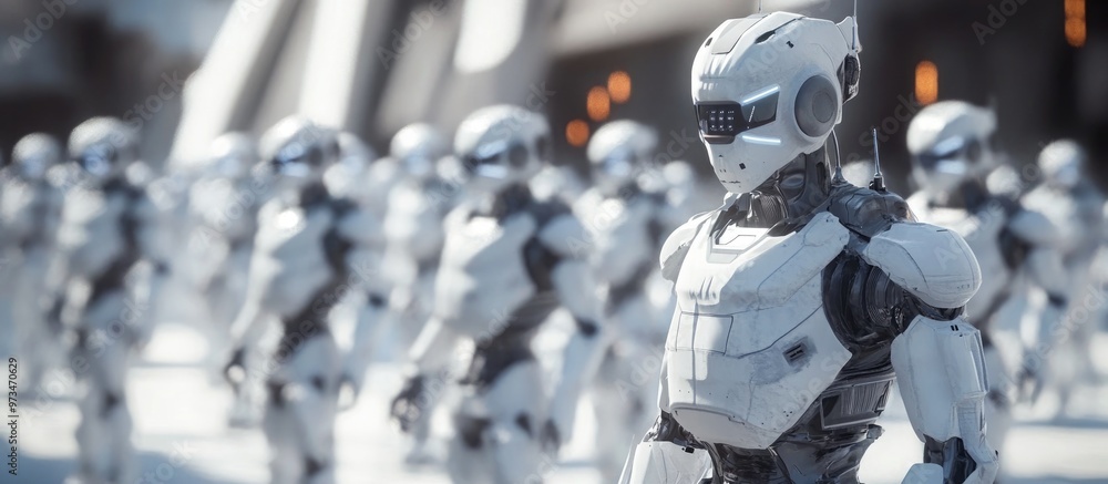 Poster 3d rendering of robotic workers in a futuristic army setting