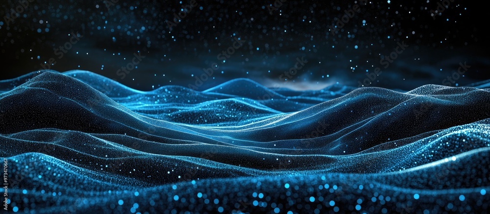 Poster abstract image featuring horizontal lines of blue particles and a flowing 3d landscape against a dar