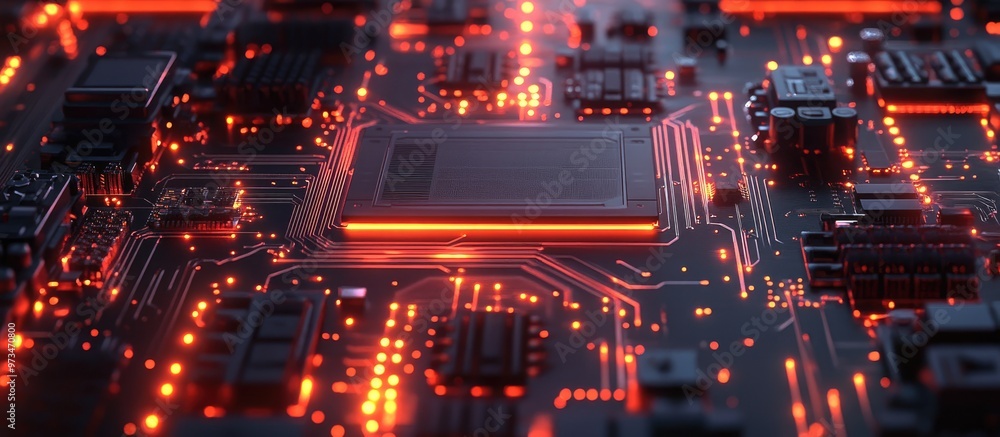 Poster glowing 3d illustration of a circuit board with a cpu transmitting high speed data highlighting comp
