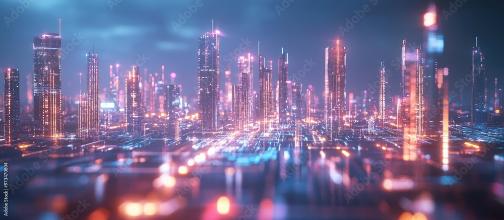 Poster abstract visualization of a smart city featuring a wireless communication network and elements of th