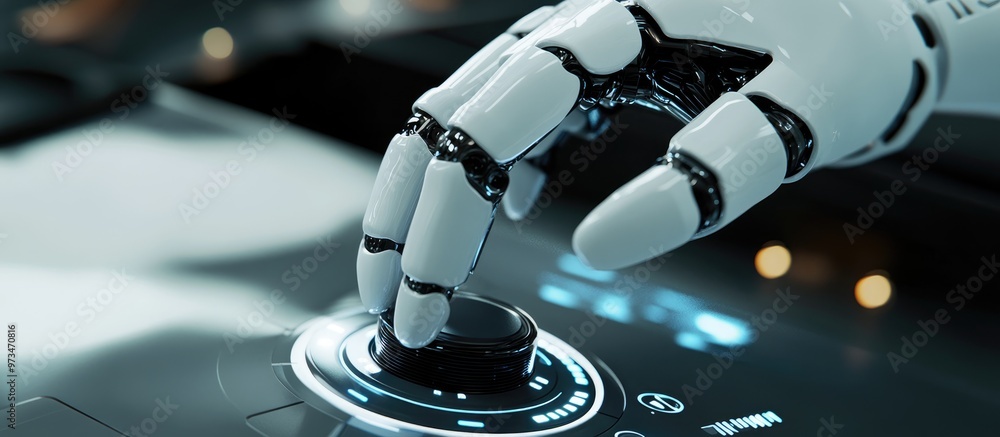 Poster robot operates a knob transitioning to a futuristic setting 3d illustration